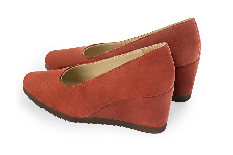 Terracotta orange women's dress pumps, with a round neckline. Round toe. Medium wedge heels. Rear view - Florence KOOIJMAN